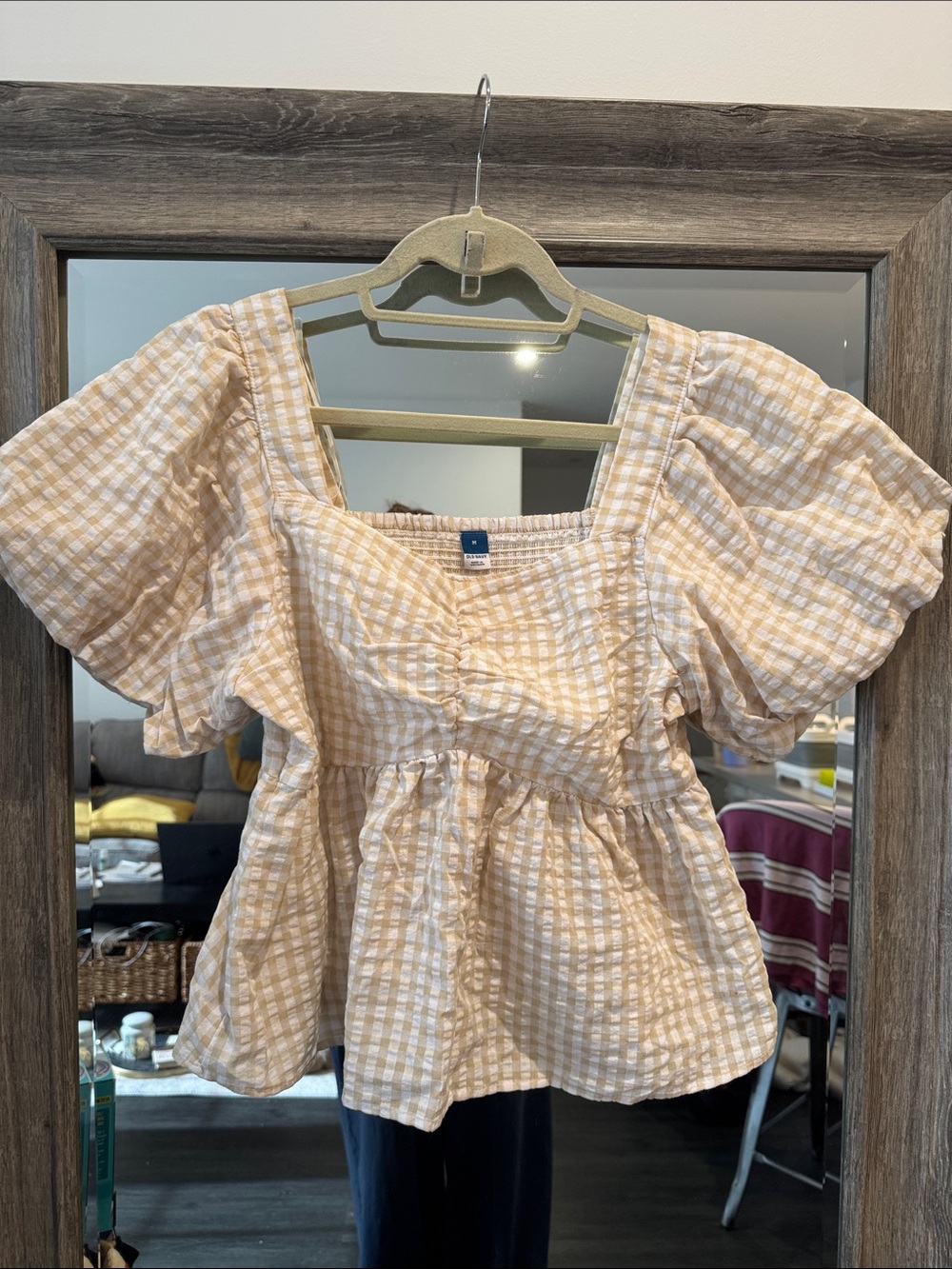 Old Navy Beige Gingham Puff-Sleeve Peplum Blouse